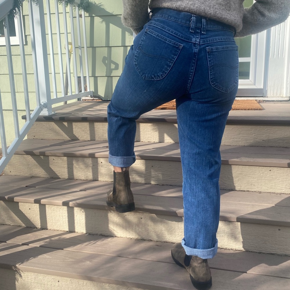 Dark wash mid/high rise boot cut Lee jeans